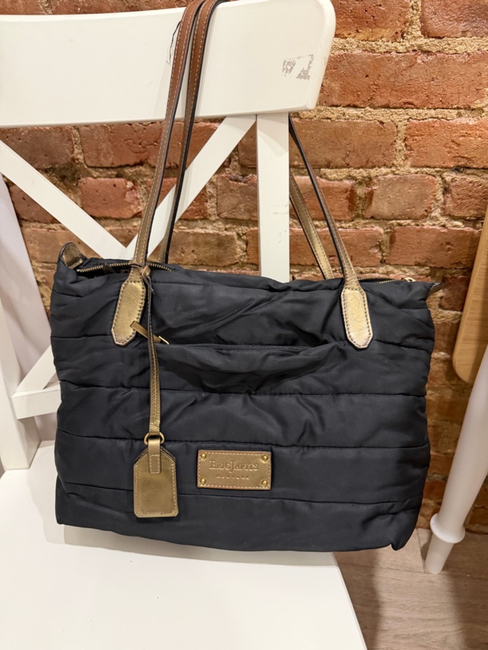 Eric Javits Black Nylon Quilted Tote with Gold Accents